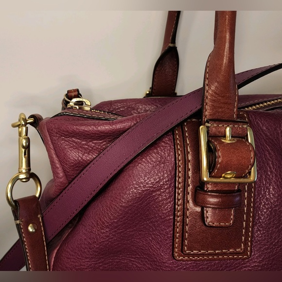 Coach Genuine Pebbled Leather Berry w/Camel Accents Hampton Satchel Bag - Picture 9 of 16